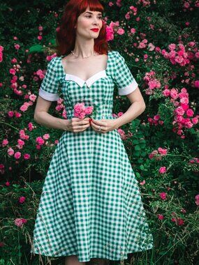 Collectif Roberta Swing Dress in Green Gingham Plaid w/ Contrast Collar US 4 XS